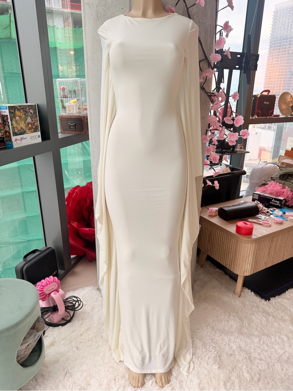 NWT Fashion Nova Elegant Ivory Long Sleeve Bodycon Draped Maxi Dress Size XS